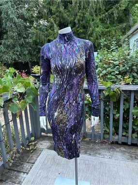 Hildur Yeoman Purple Galaxy Print Bodycon Dress High Neck Long Sleeve Size S